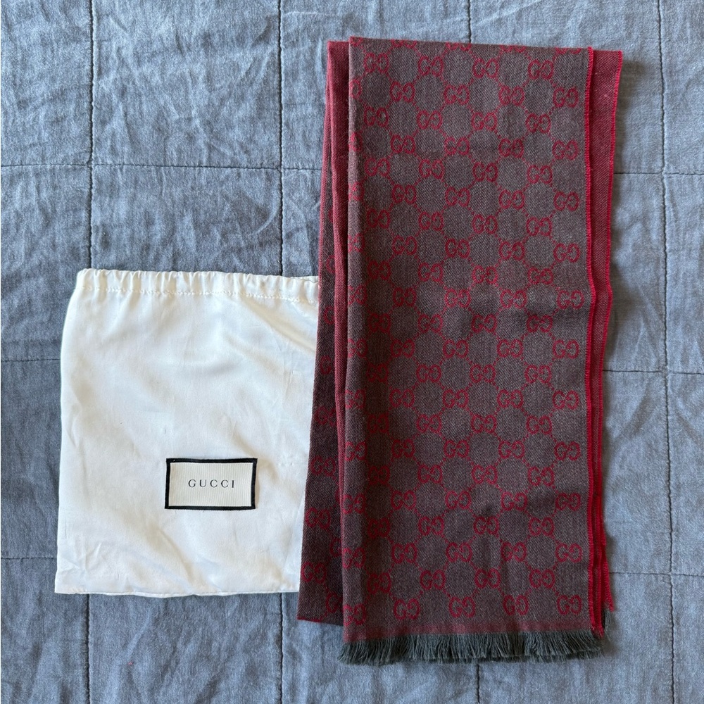Gucci Burgundy and Charcoal Logo Scarf